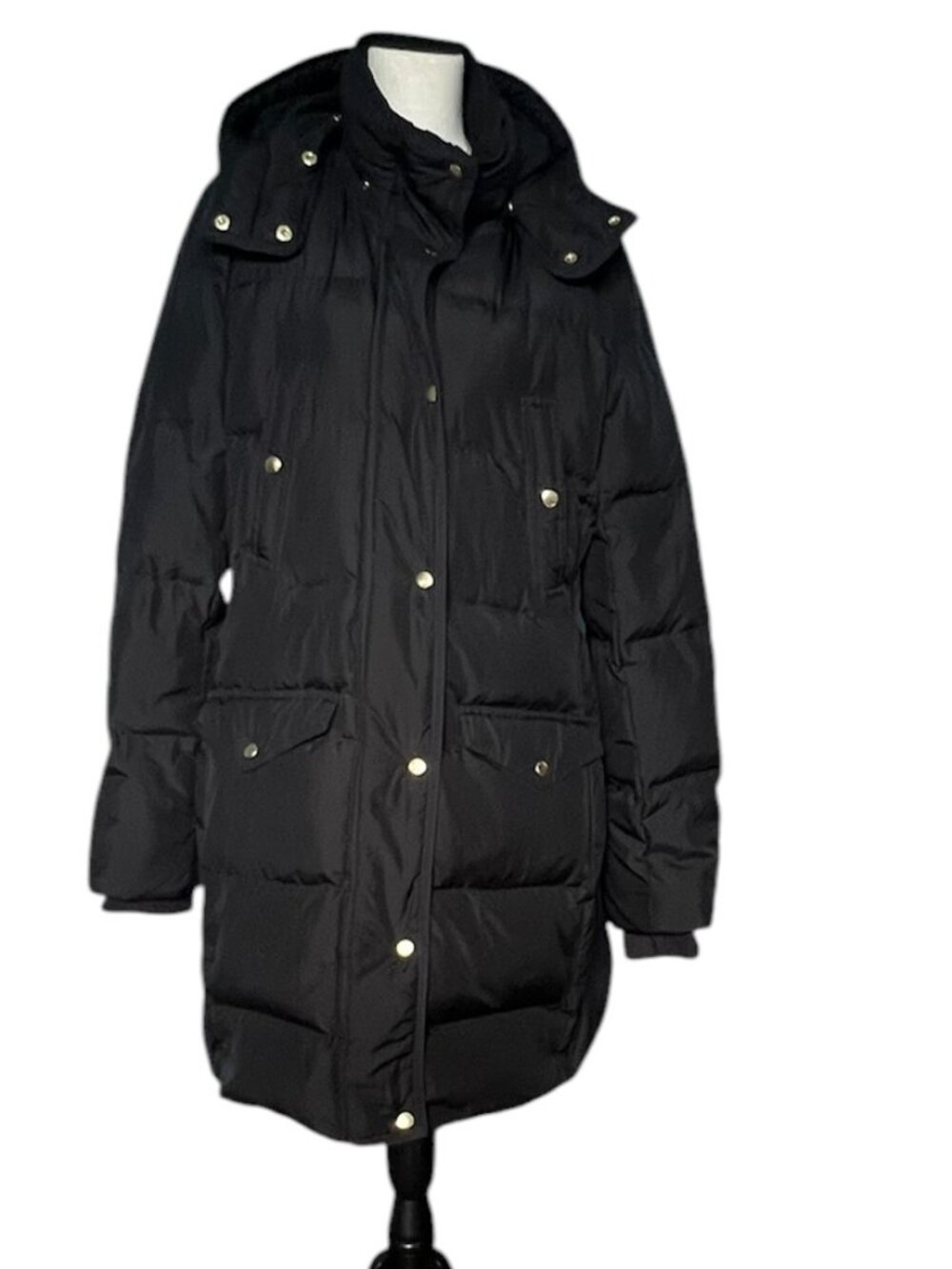 Women’s Black Long Hooded Down Puffer Coat Belted Gold Hardware